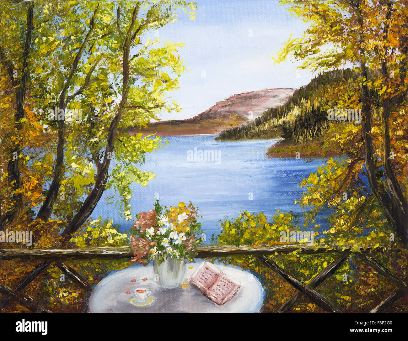 Original Ölgemälde zeigt Tabelle mit Blumen und Buch vor der schönen See in den Bergen auf Leinwand. Frühling Landschaft. Stockfoto