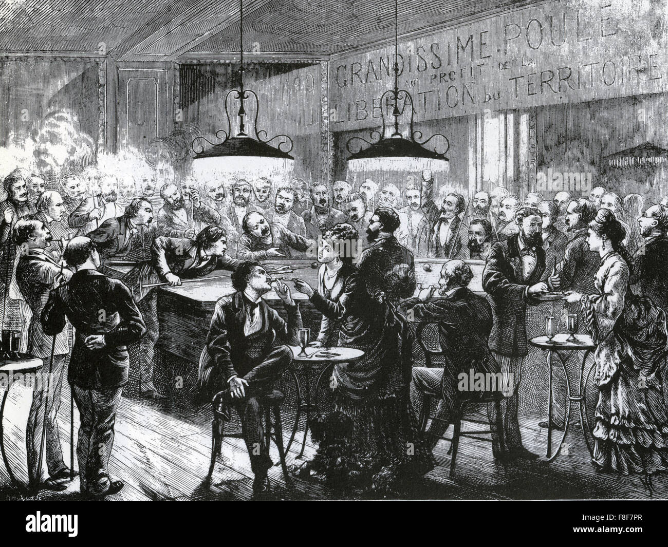 FRANCO-PREUSSISCHER Krieg (1870 / 71) spielen Billard in einem Café Paris im April 1872 zugunsten der territorialen Befreiung Fonds zur deutschen Reparationen zahlen Stockfoto