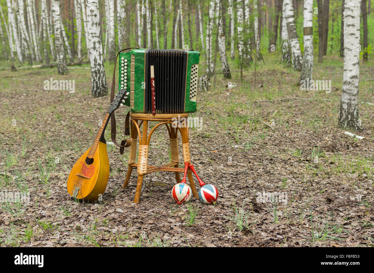 Garmonika, Mandoline, Maracas und Fife die Erholung nach einer Outdoor-Performance in einem Birkenwald Stockfoto