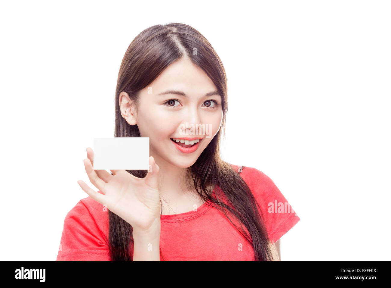 Chinesische Frau, die Leere Visitenkarte mit Platz für text Stockfoto