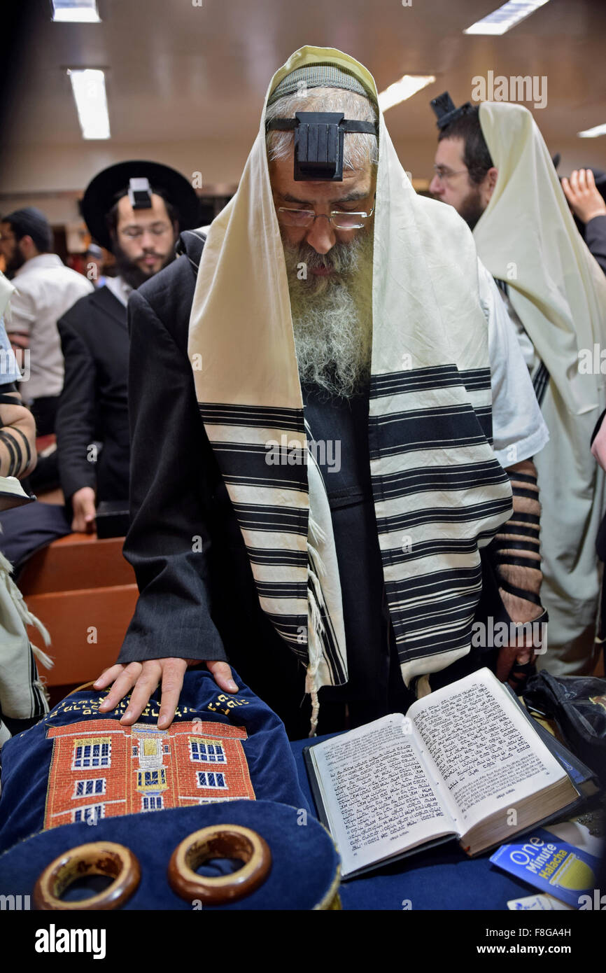 Ein orthodoxen jüdischer Mann liest aus einem Gebet-Buch mit der Hand auf eine Tora-Rolle auf eine Synagoge in Brooklyn, New York City Stockfoto