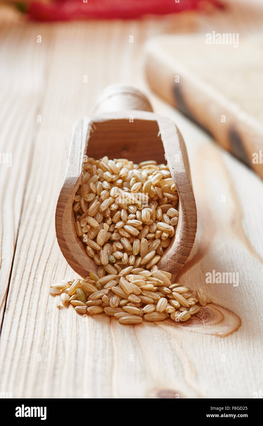 Brauner Reis auf Löffel auf leichte Holztisch gelegt Stockfoto