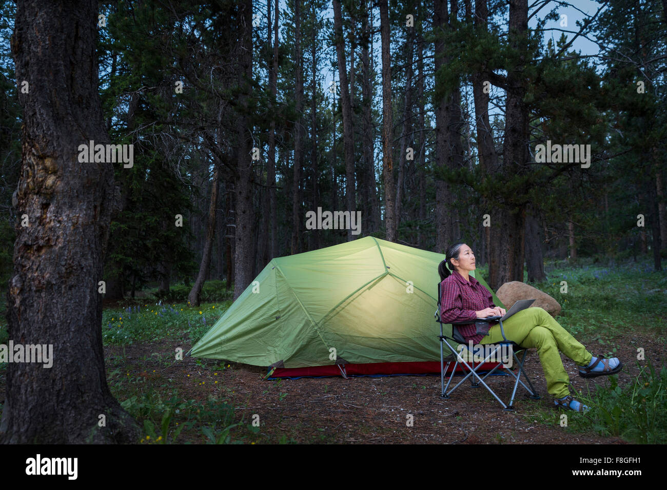 Japanische Frau mit Laptop am Campingplatz Stockfoto