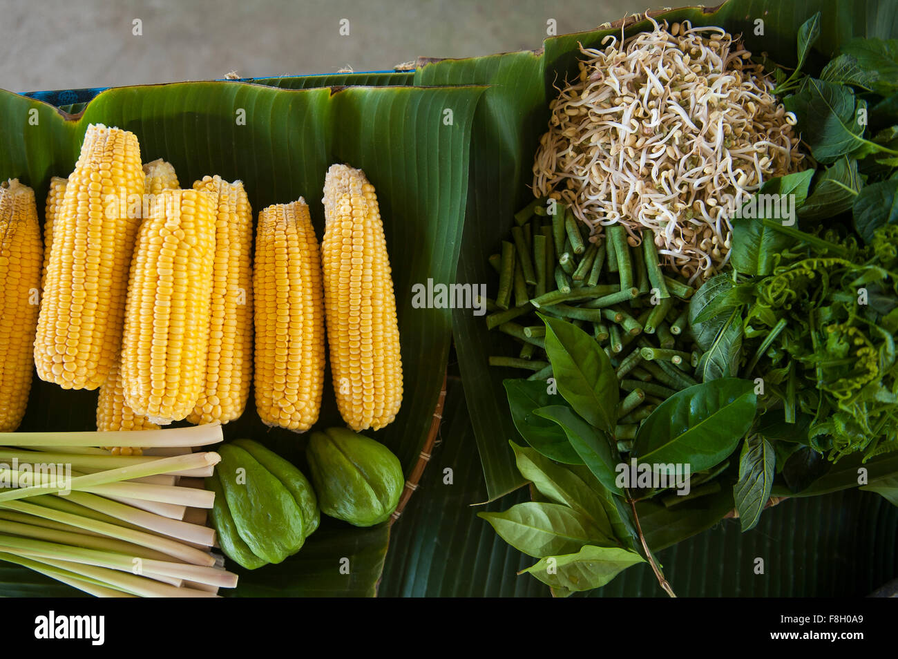 Nahaufnahme von frischen Mais, grünen und Kräutern auf Theke Stockfoto