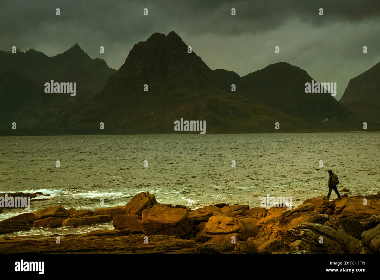 Mann zu Fuß auf felsigen Strand Stockfoto