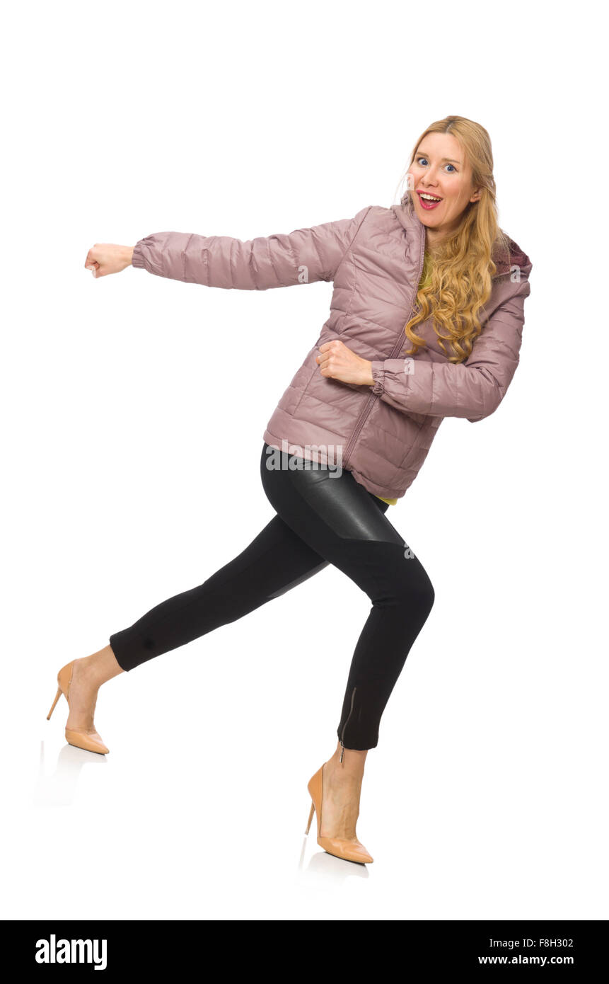 Hübsches Mädchen im Winterjacke isoliert auf weiss Stockfoto