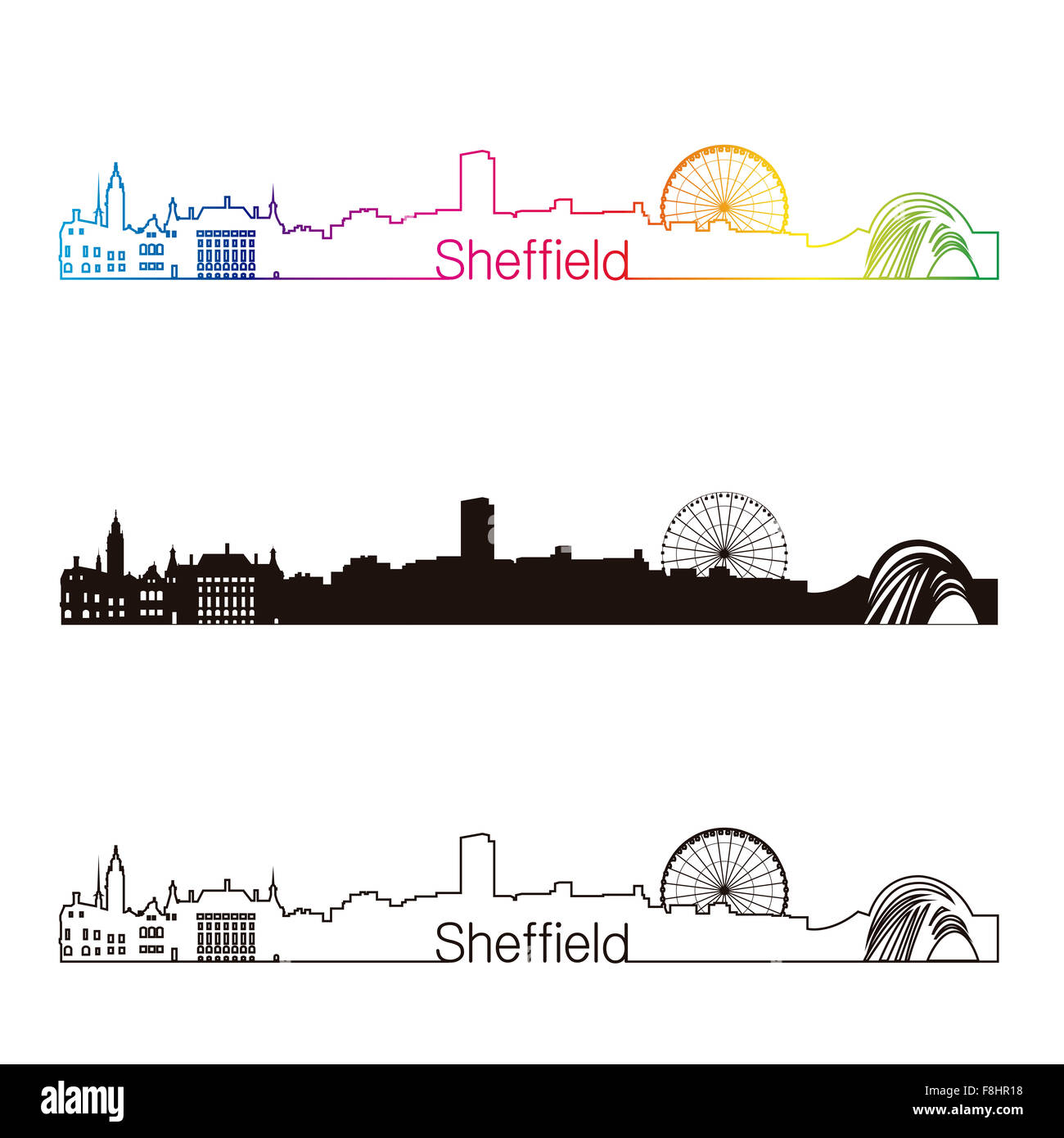 Sheffield Skyline linearen Stil mit Regenbogen in bearbeitbare Vektordatei Stockfoto