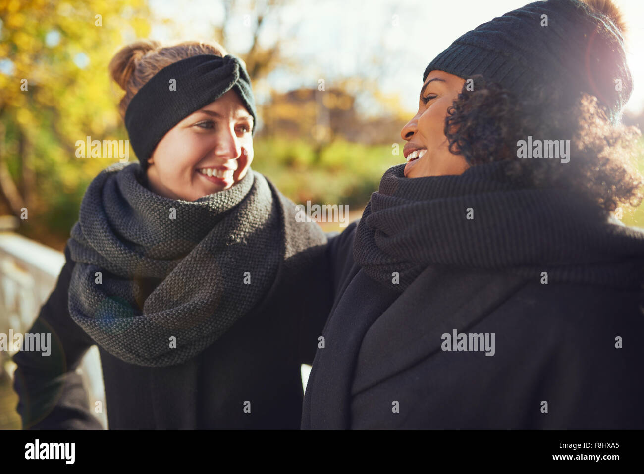 Zwei Freundinnen sahen einander und lächelnd, während Sie im herbstlichen Park stehen Stockfoto