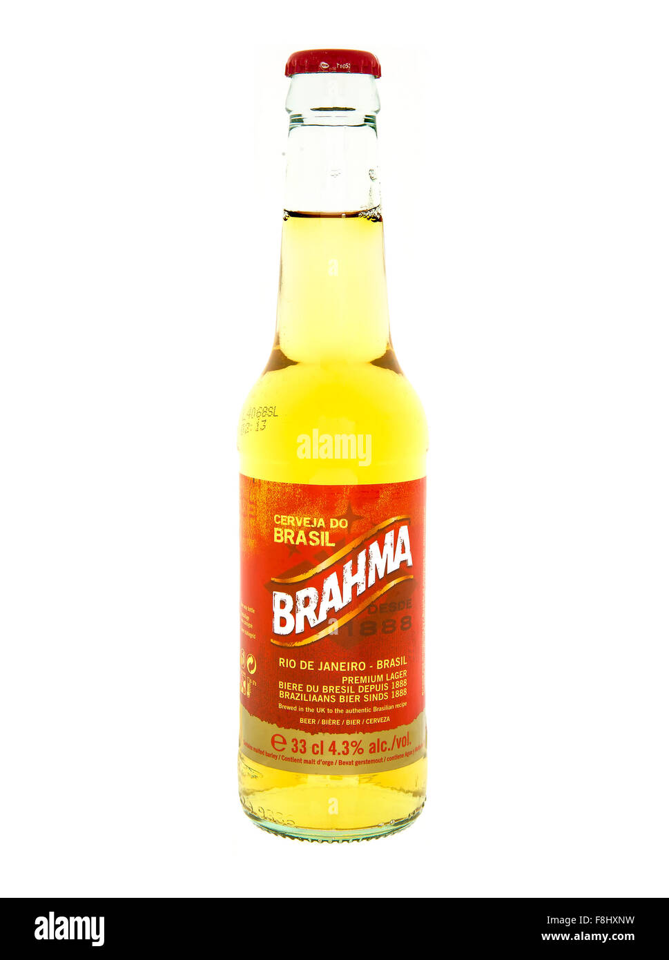 Flasche Bier Brahma auf weißem Hintergrund Stockfoto