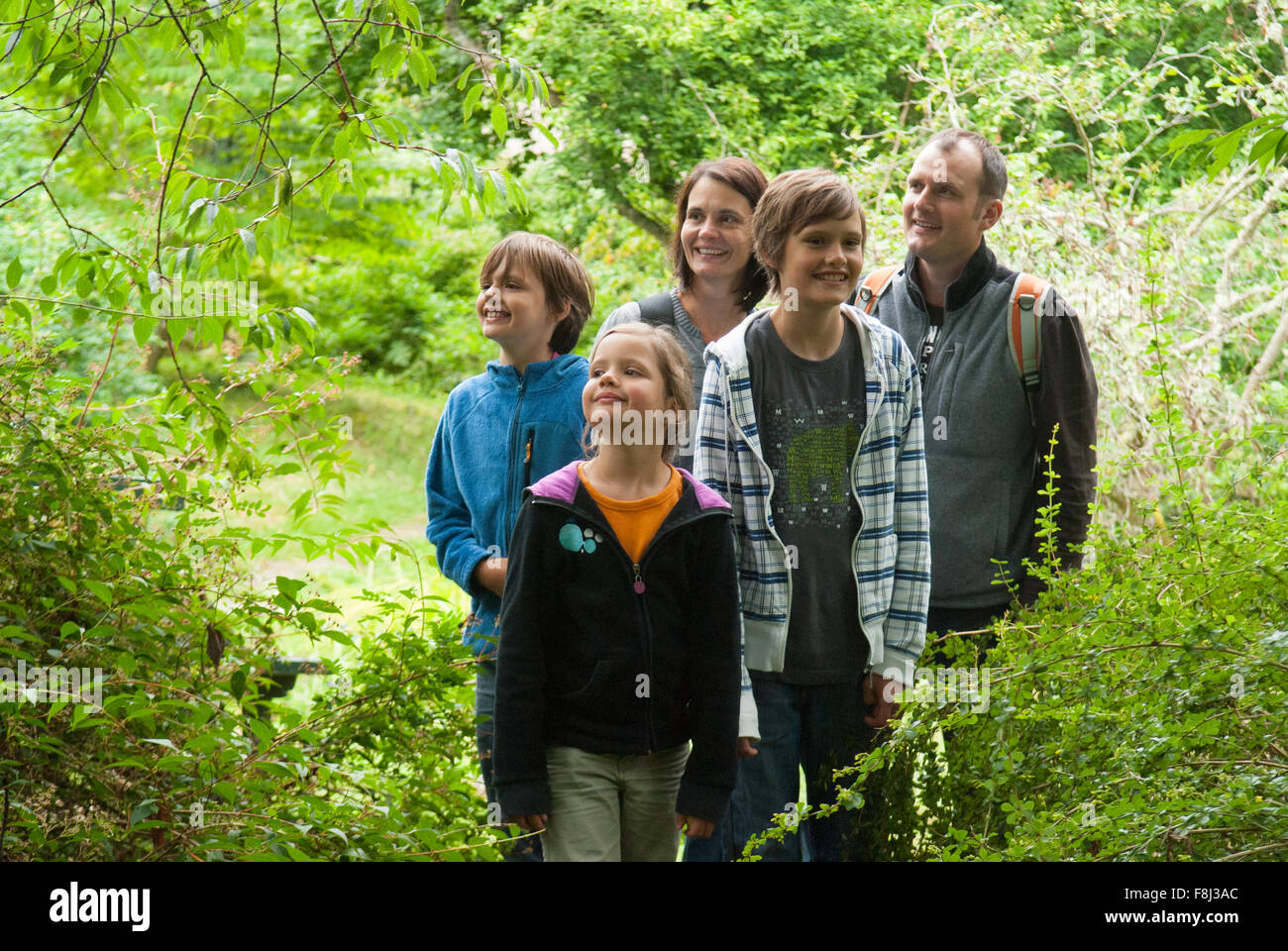 Eine fünfköpfige Familie Spaziergänge durch den Wald Crathes Castle in Aberdeenshire, Schottland. Stockfoto