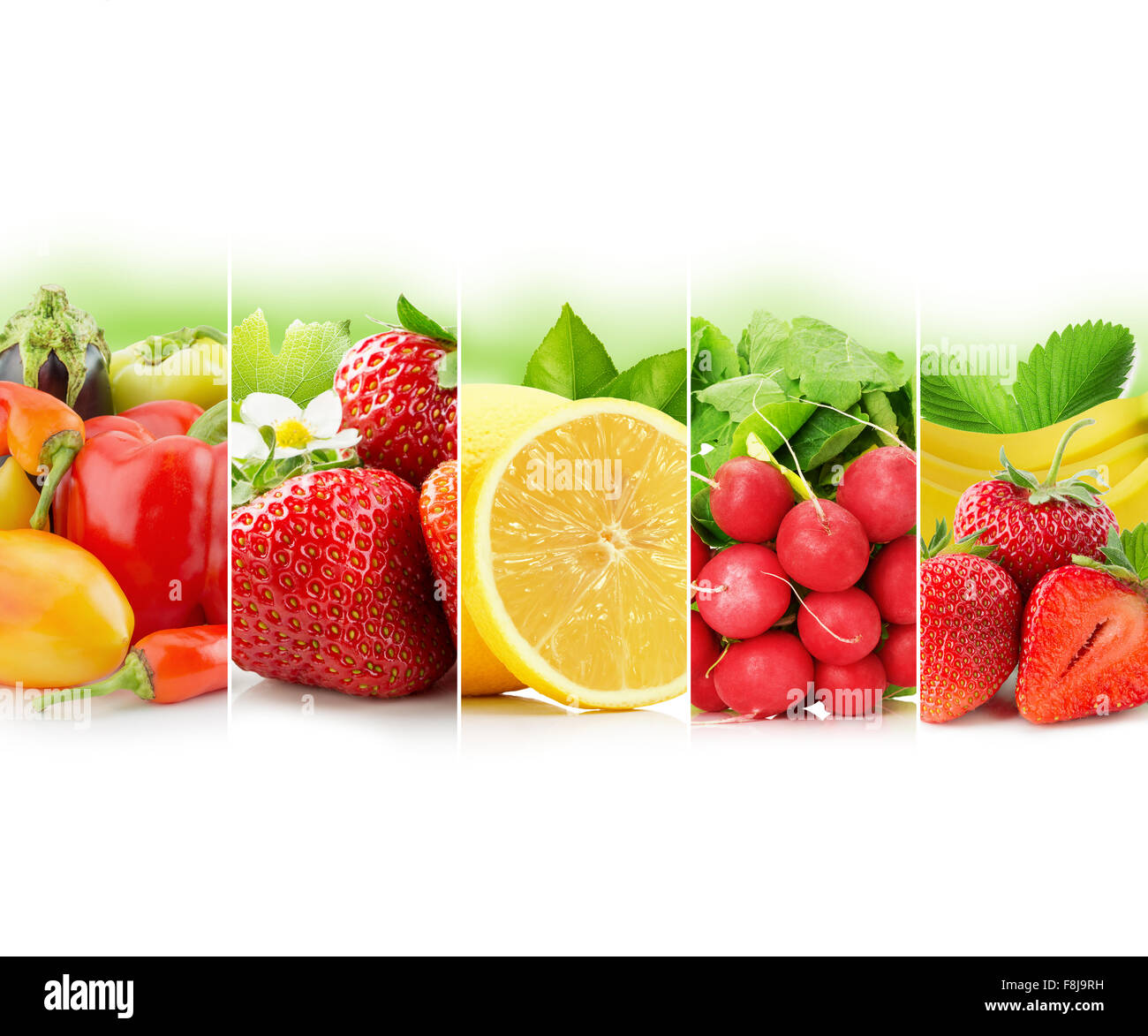 Obst und Gemüse Streifen Sammlung auf weißem Hintergrund. Stockfoto
