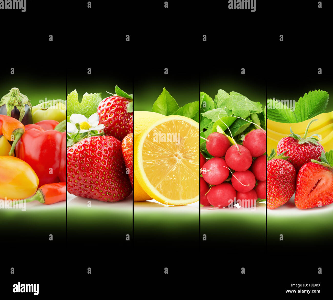 Obst und Gemüse Streifen Sammlung auf schwarzem Hintergrund. Stockfoto