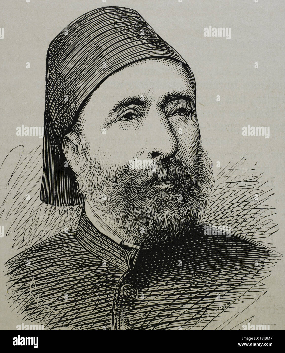 Ahmed Sefik Midhat Pasha (1822 – 1883). Osmanische Staatsmann während der späten Tanzimat Ära. Großwesir des Osmanischen Reiches. Porträt. Kupferstich von Capuz in "La IIustración Española y Americana", 1876. Stockfoto