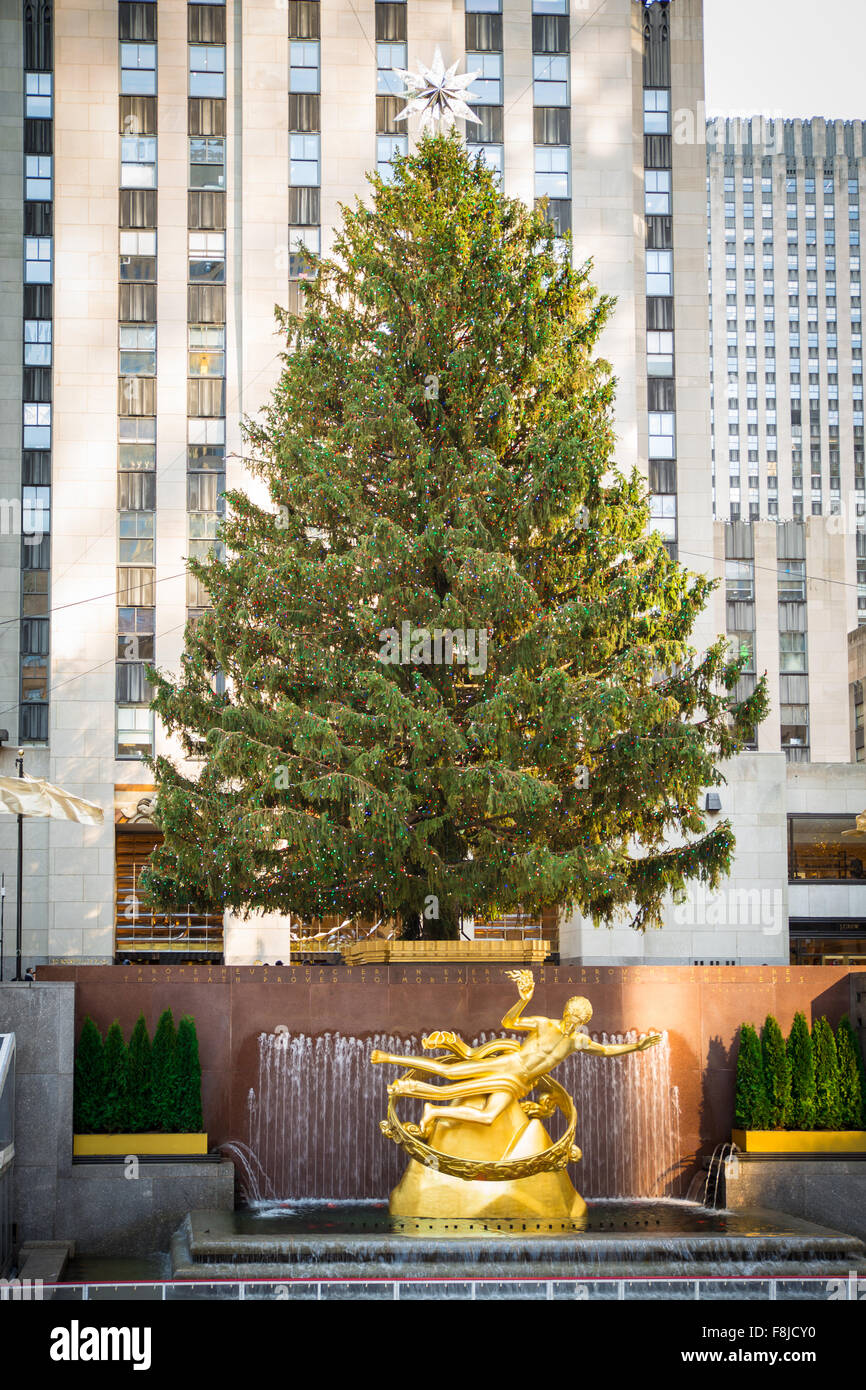 Weihnachtsbaum am Rockefeller Center in New York City Stockfotografie
