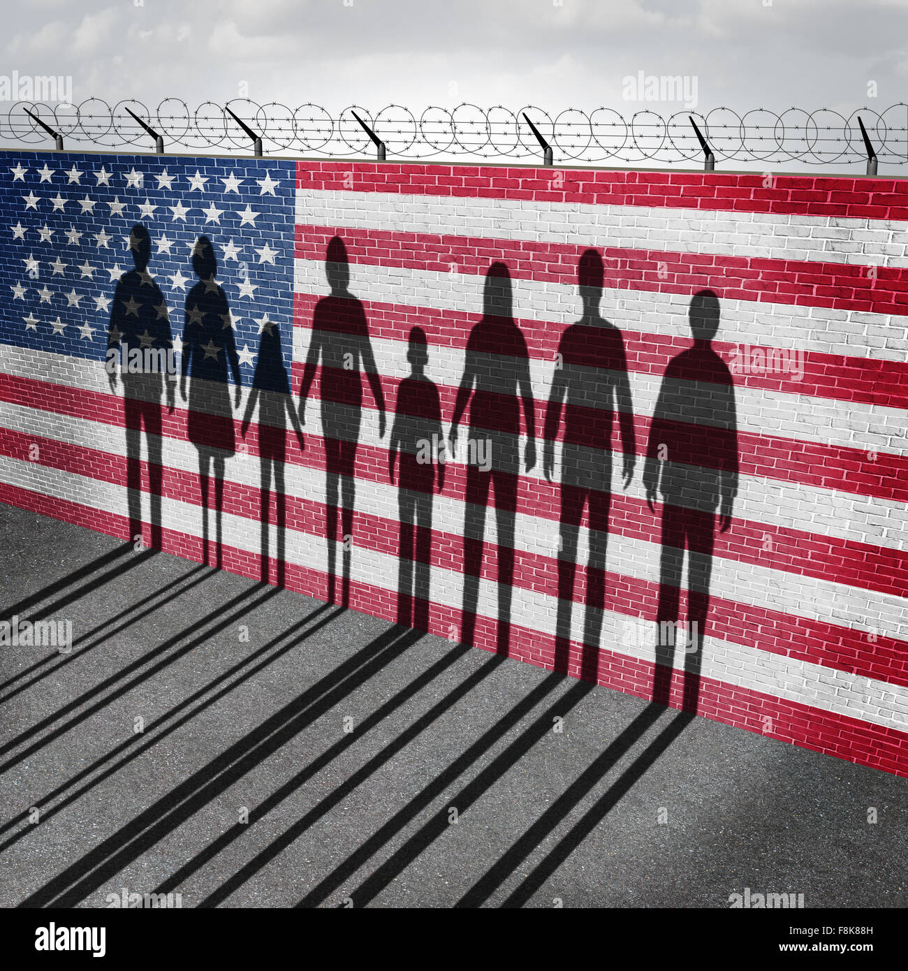 Amerikanische Einwanderungs- und USA Flüchtling Krisenkonzept als Menschen auf einer Grenzmauer mit einer US-Flagge als ein gesellschaftliches Problem über Stockfoto