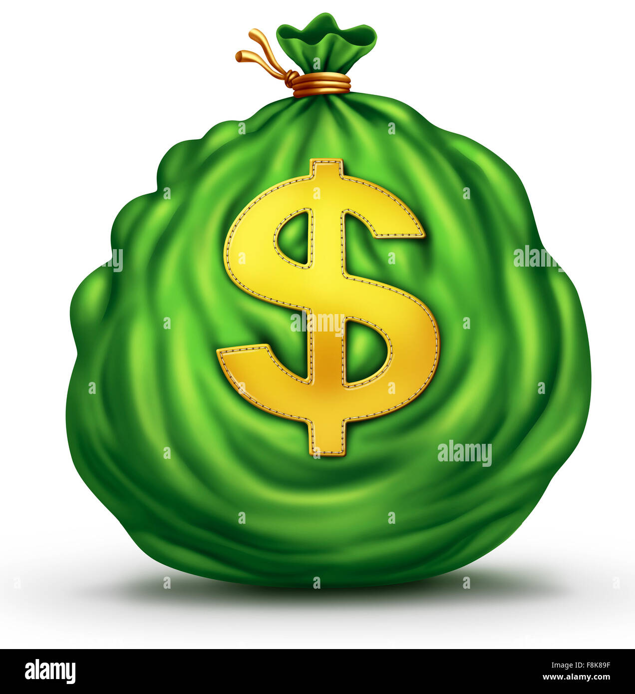 Geld Tasche Finanzgeschäfte Objekt wie eine große grüne Plünderung Währung mit einem Dollarsymbol genäht, das Finanz-Symbol auf einem weißen Hintergrund als ein Erfolg, Preis Metapher zu gewinnen. Stockfoto