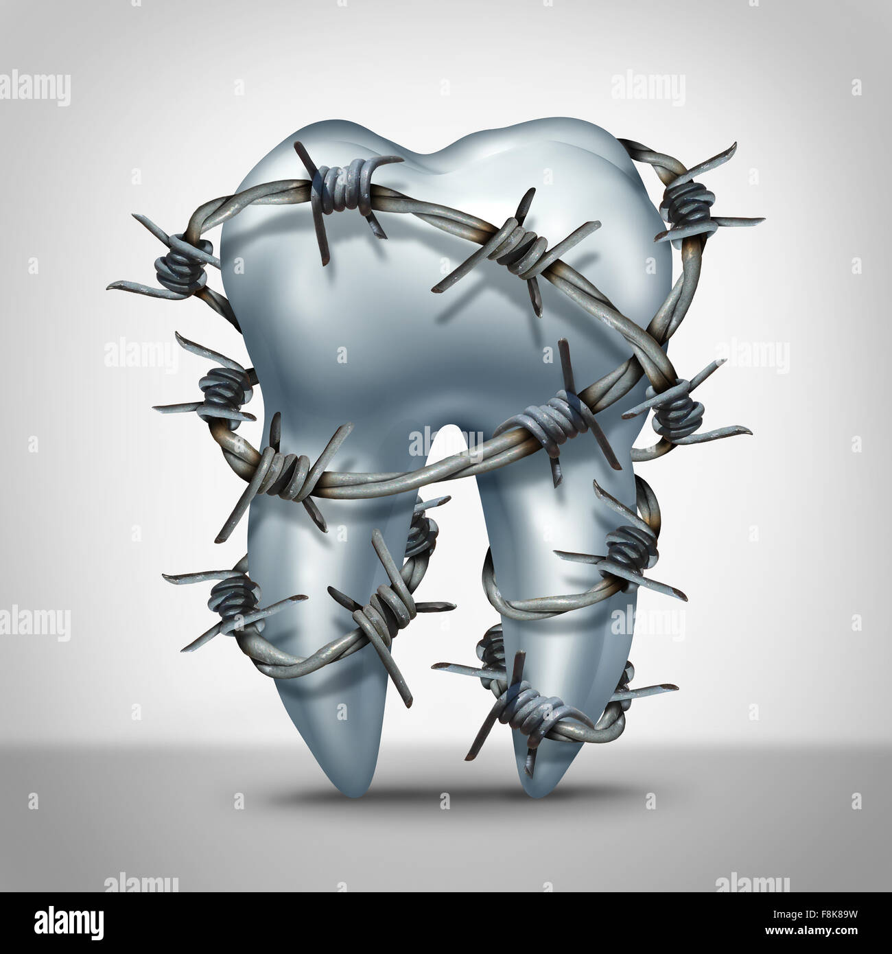 Zahn Schmerzen Zahnarzt Zahnschmerzen Konzept als Sinnbild menschlichen Molaren mit scharfen Stacheldraht als Zahnarzt Metapher für empfindliche Zähne oder Stockfoto