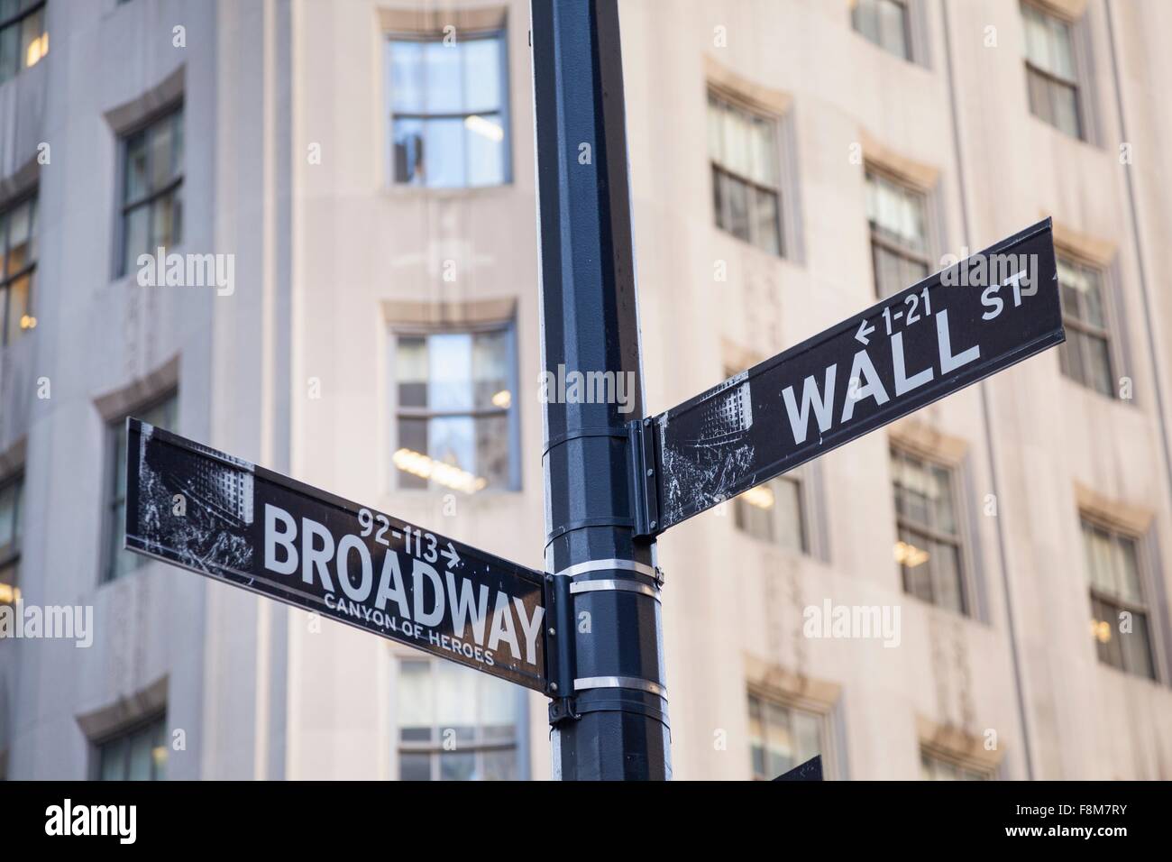 Broadway und Wall Street, Straßenschild, New York, USA Stockfoto