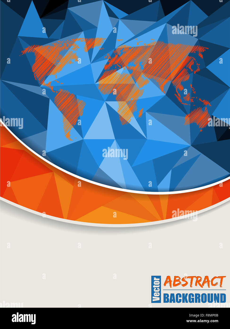 Abstrakte blaue Broschüre mit Polygonen orange Streifen und kritzelte Weltkarte Stockfoto