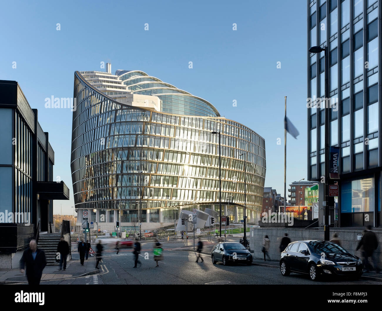 Ein Engel Quadrat, der Co-op-HQ-Manchester. Das moderne äußere bei One Angel Square, das preisgekrönte nachhaltige Kopf Bürogebäude der Co-Operative Group. Stockfoto