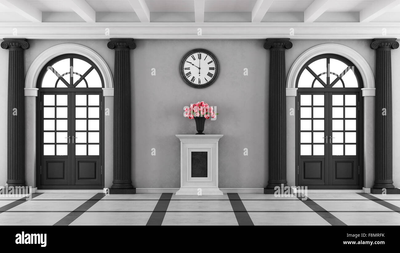 Schwarz / weiß Luxus Haus Eingang mit zwei Fenstern und Sockel mit Blumen - 3D Rendering Stockfoto