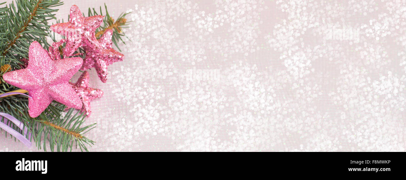 Weihnachten Dekoration Banner in 8 x 3 Auflösung. Ornament und Tanne Baumschmuck Stockfoto