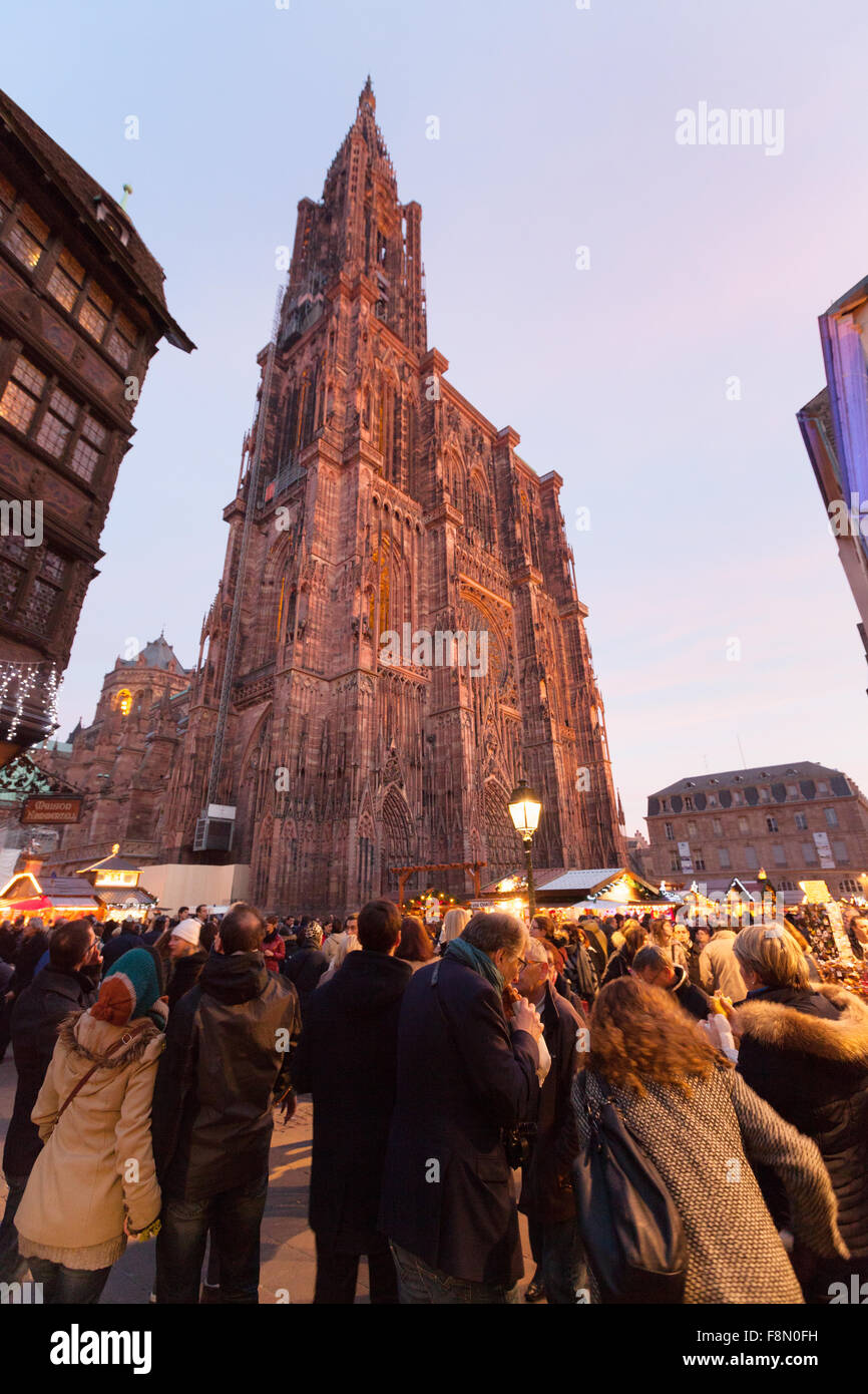 Leute, die Einkaufsmöglichkeiten im Stall, Straßburger Weihnachtsmarkt und Straßburger Münster, Straßburg, Elsass Frankreich Europa Stockfoto