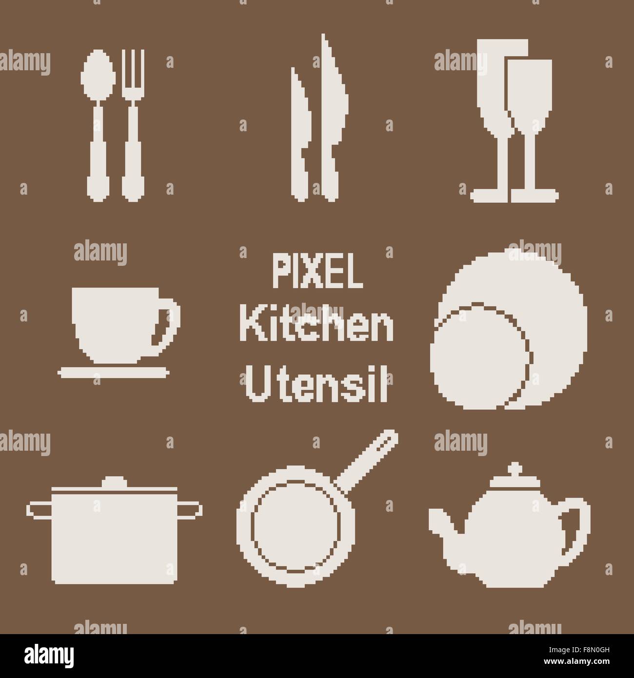 Vektor-Icons set Küchenutensil in Pixel-Art-Stil Stock Vektor