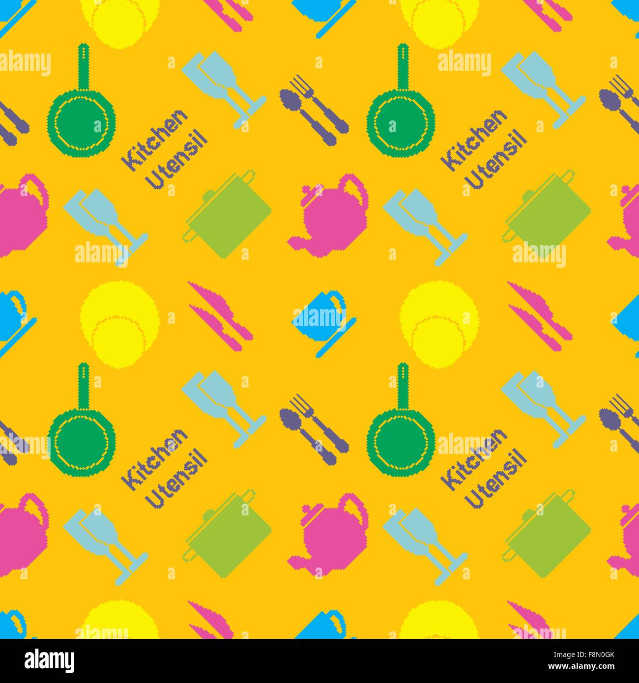 Nahtlose Muster der farbigen Küchenutensil in Pixel-Art-Stil Stock Vektor