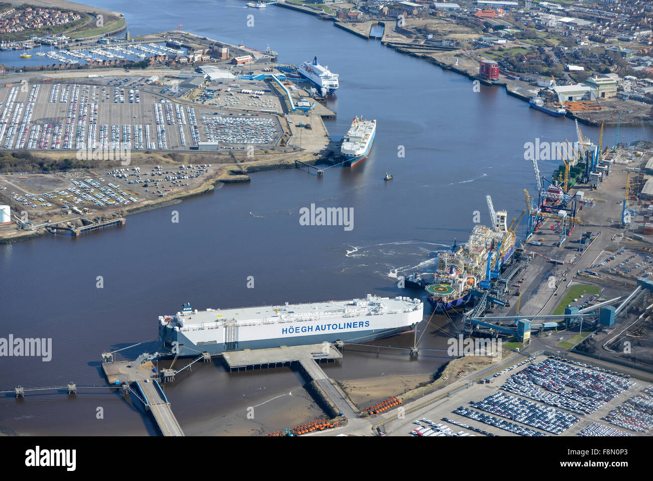 Eine Luftaufnahme von der Port of Tyne in Newcastle, Blick in Richtung Tynemouth Stockfoto