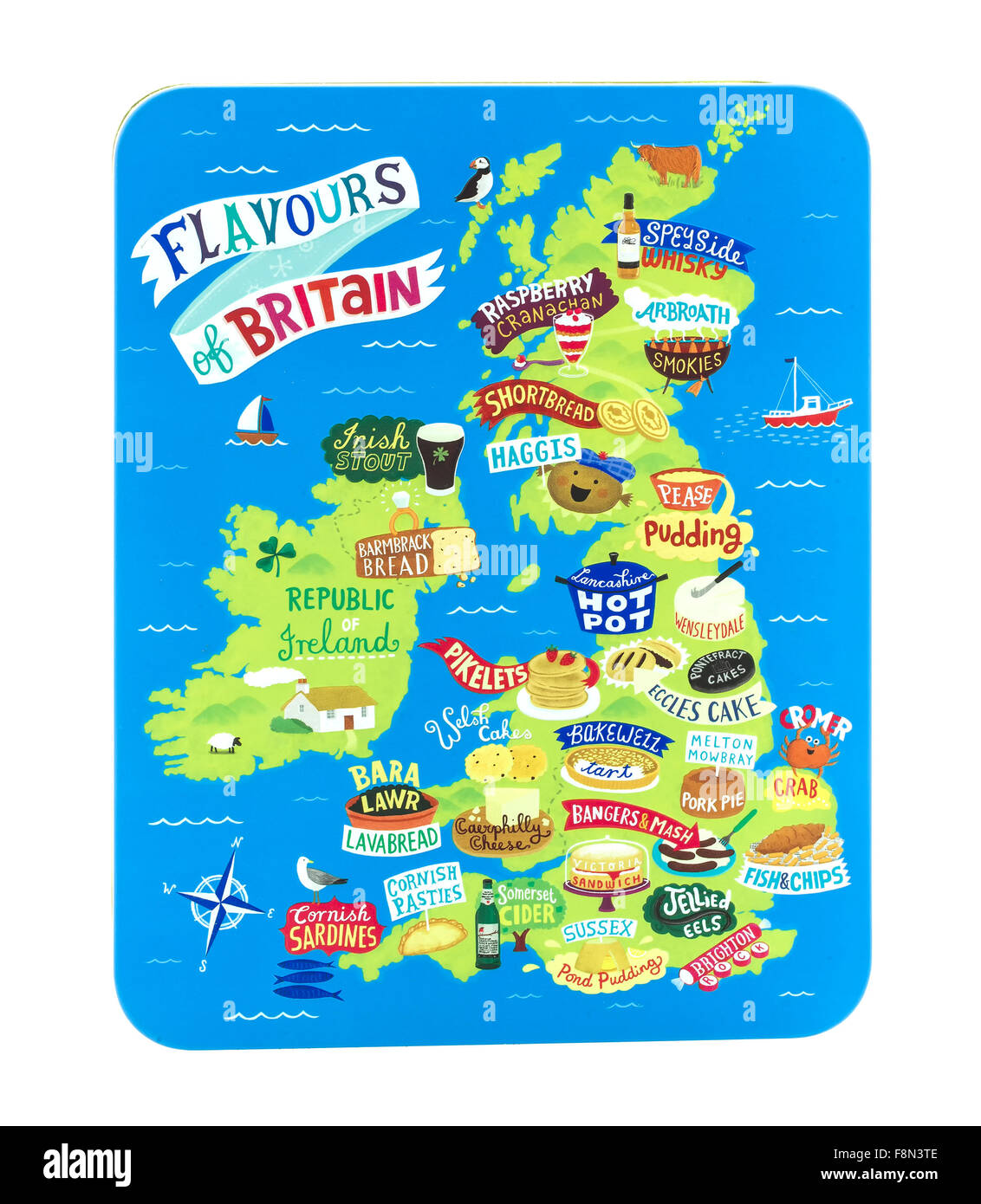 Marks und Spencer Aromen von Großbritannien Biscuit Tin auf weißem Hintergrund Stockfoto
