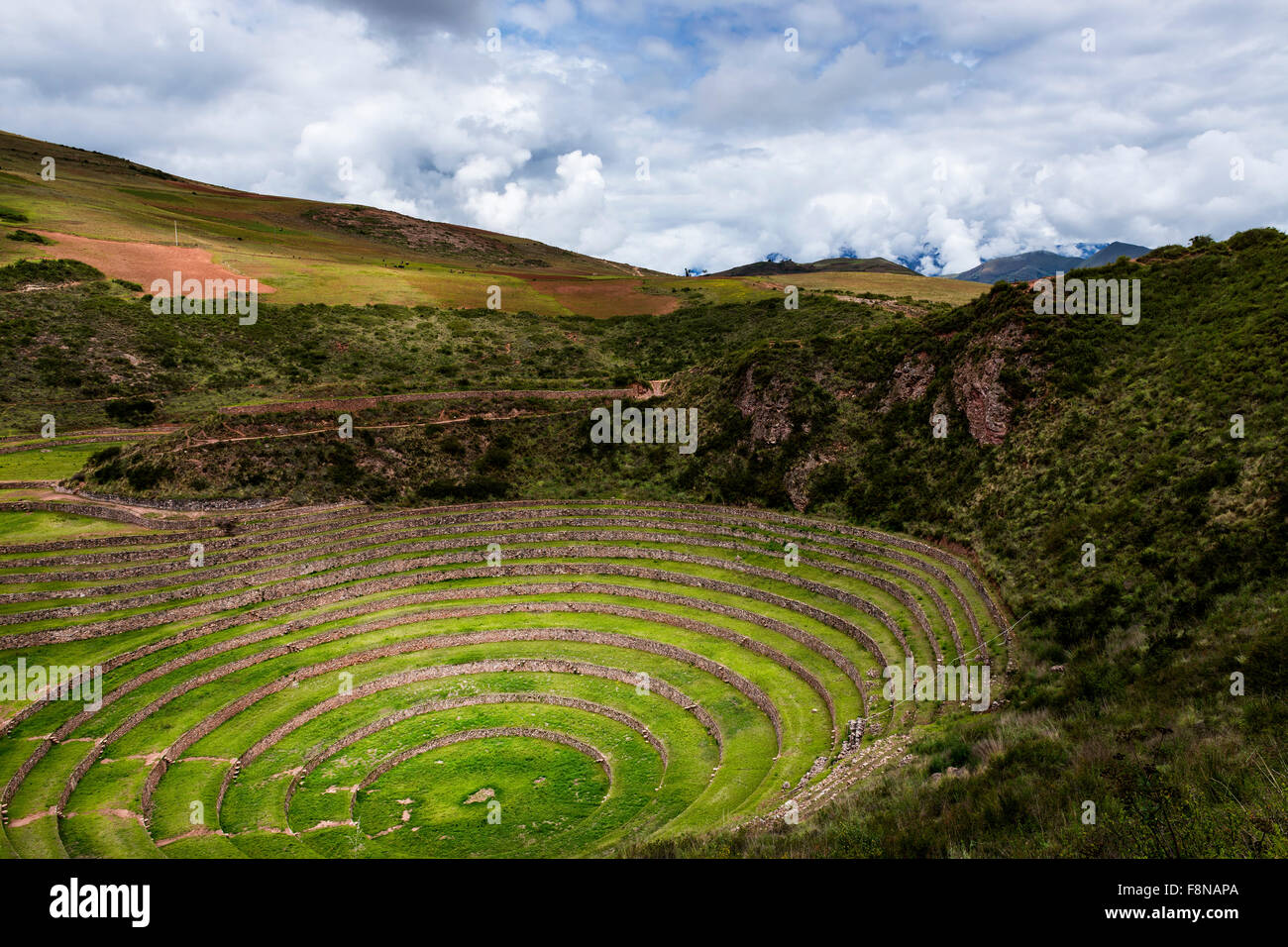 Inca kreisförmige Terrassen in Moray, in das Heilige Tal in Peru. Muräne ist eine archäologische Stätte in der Nähe des Dorfes Maras. Stockfoto