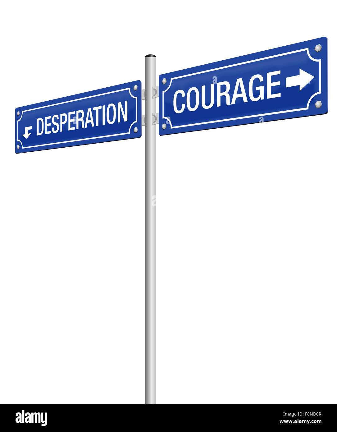 Mut und Verzweiflung, geschrieben auf zwei Wegweiser. Abbildung auf weißem Hintergrund. Stockfoto