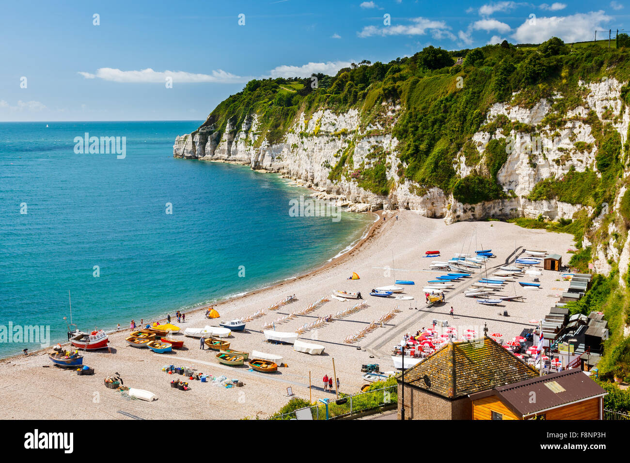 Mit Blick auf den Strand und Klippen bei Bier in Lyme Bay Devon England UK Europa Stockfoto