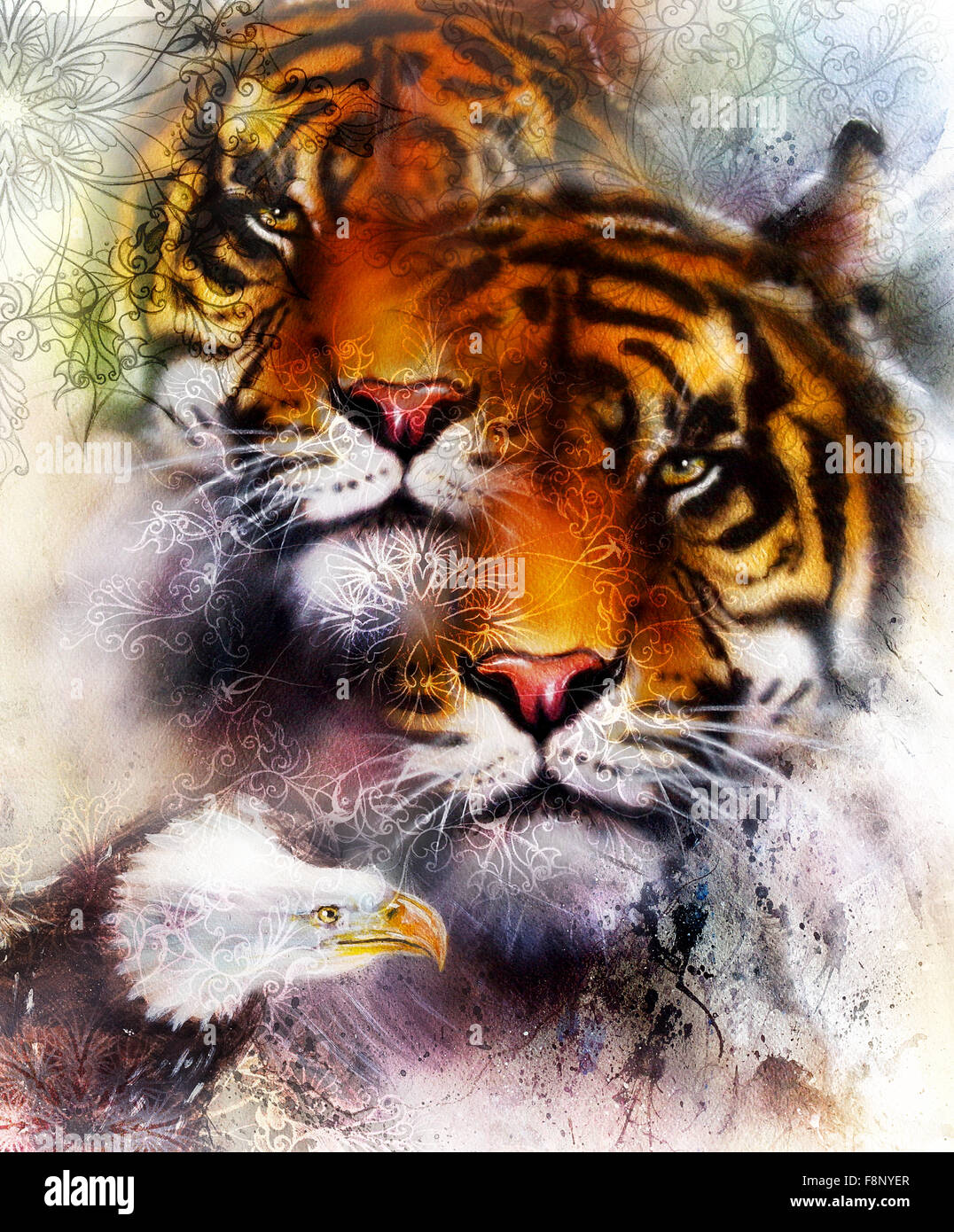 Tiger Mit Adler Und Ornamentalen Mandala Wildtiere Auf Malerei Hintergrund Augenkontakt Braun Orange Schwarze Und Weisse Farbe Stockfotografie Alamy