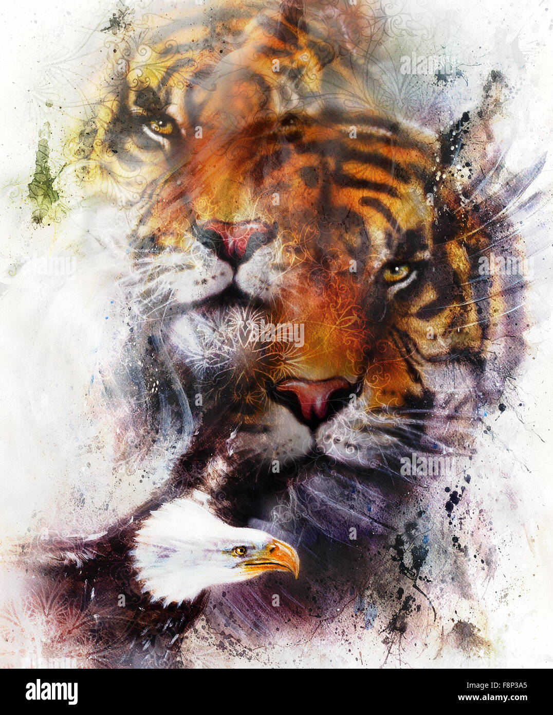 Tiger Mit Adler Und Ornamentalen Mandala Wildtiere Auf Malerei Hintergrund Augenkontakt Braun Orange Schwarze Und Weisse Farbe Stockfotografie Alamy