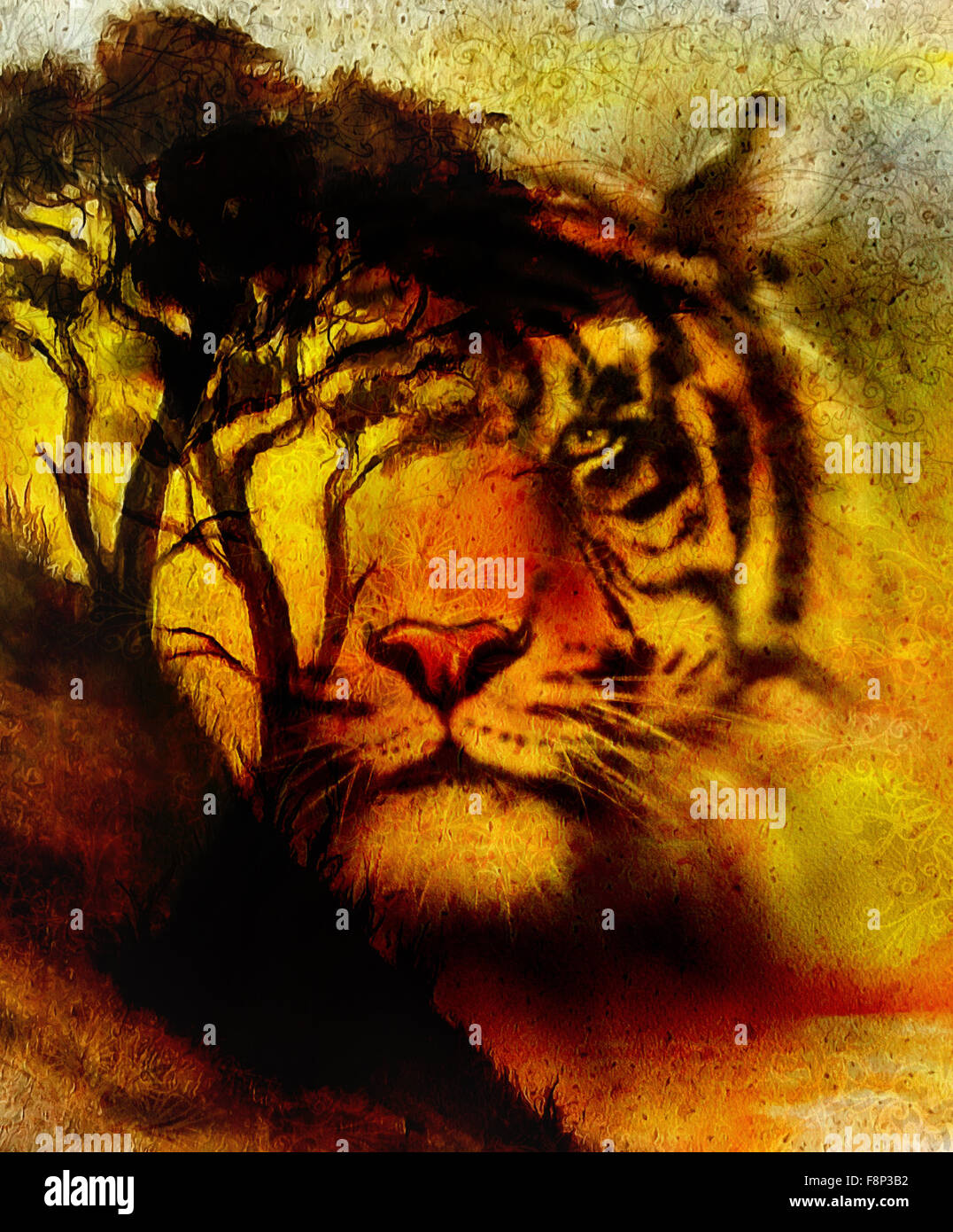 Malerei Sonnenuntergang Meer Und Baum Und Tiger Portrat Tapete Landschaft Farbe Collage Und Abstrakt Grunge Hintergrund Mit Flecken Stockfotografie Alamy