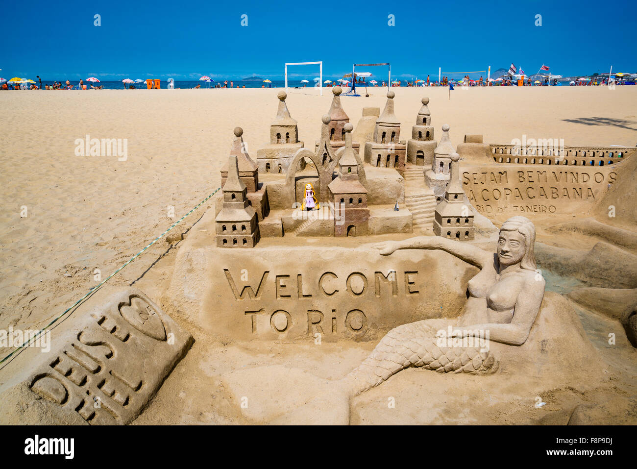 Willkommen Sie bei Rio Sandburg, Strand der Copacabana, Rio De Janeiro, Brasilien Stockfoto