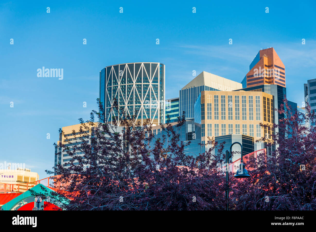 Skyline von Calgary von Eau Claire Bezirk, Calgary, Alberta, Kanada Stockfoto