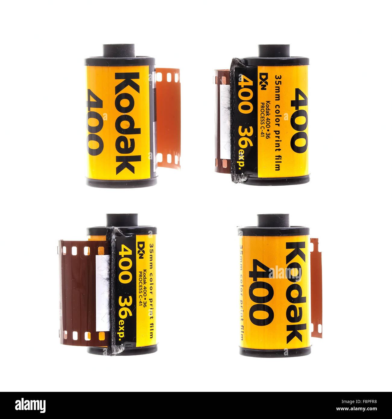 4 Rollen Kodak 400 Farbdruck Film auf weißem Hintergrund. Stockfoto
