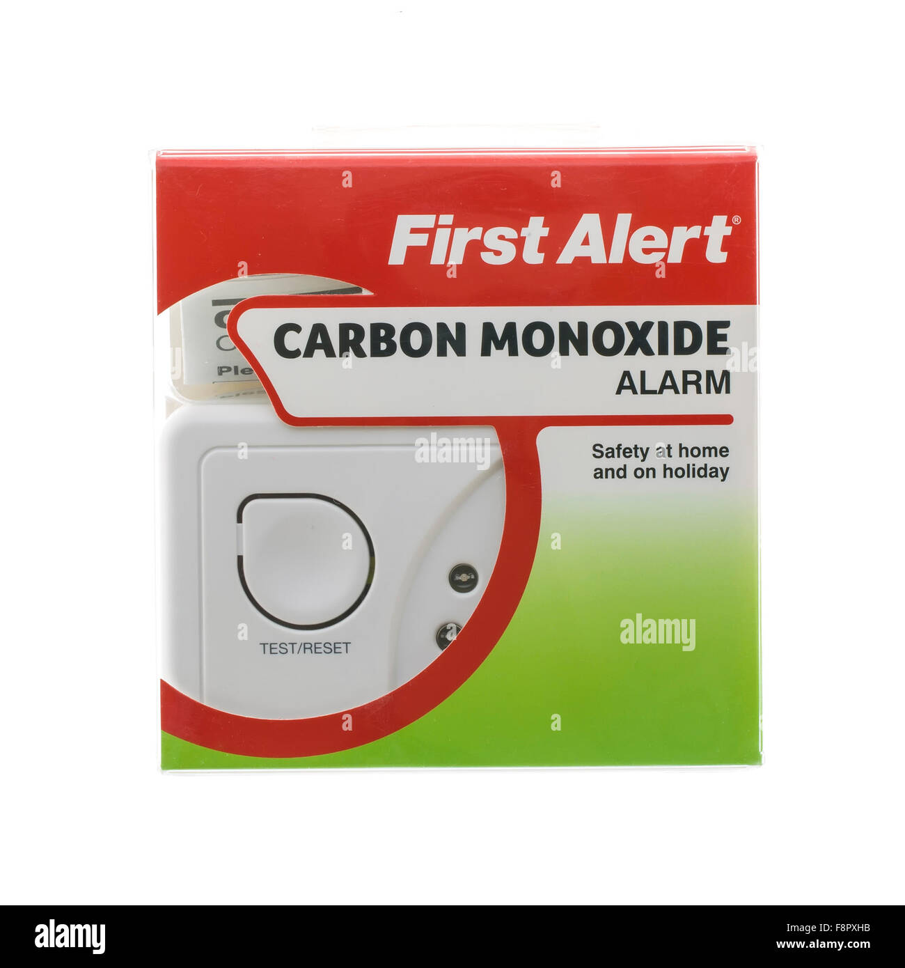 Erste Warnung CO Kohlenmonoxid-Melder auf weißem Hintergrund Stockfoto