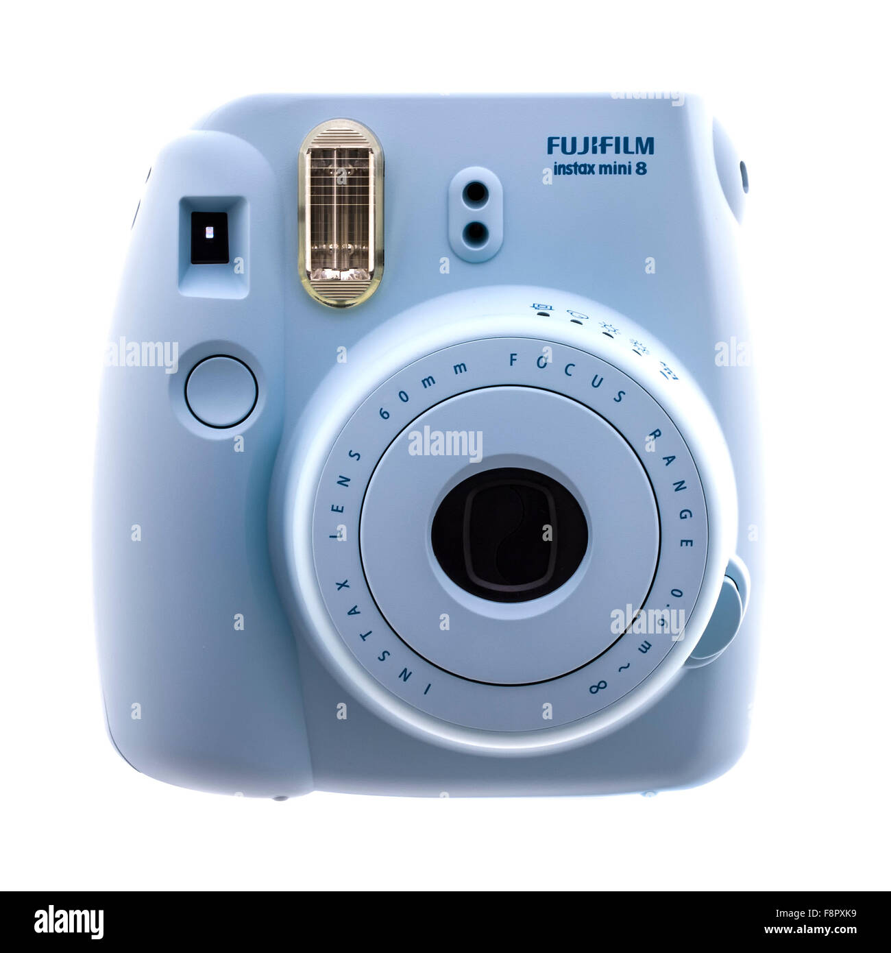 Fuji Instax Mini 8 Filmkamera auf weißem Hintergrund Stockfoto
