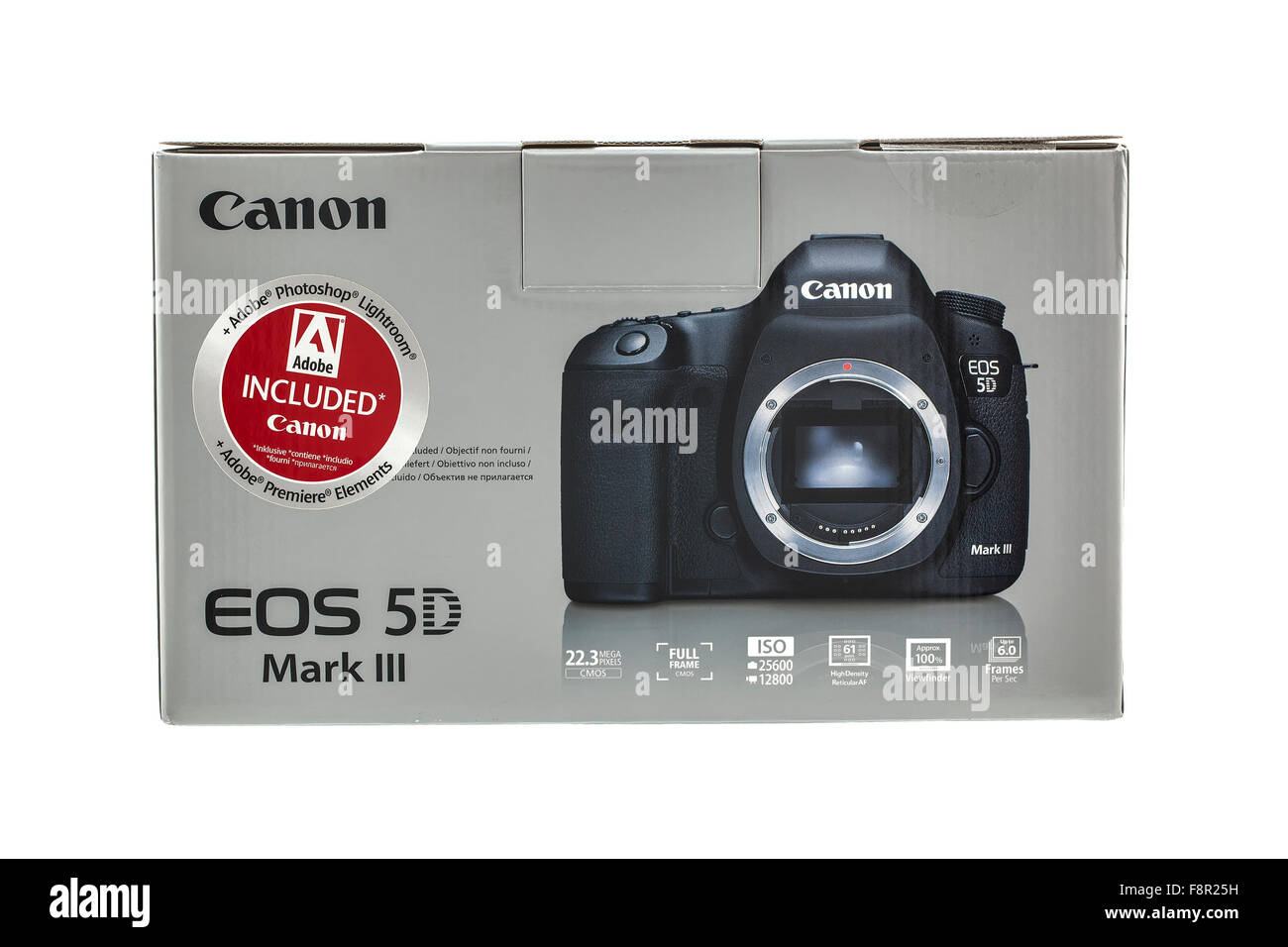 Canon 5D Mark III DSLR-Kamera in ungeöffnete Schachtel auf weißem Hintergrund Stockfoto