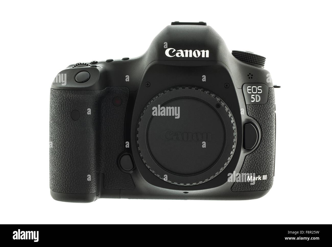 Vordere Ansicht A Canon 5D Mark III DSLR Kamera auf weißem Hintergrund Stockfoto
