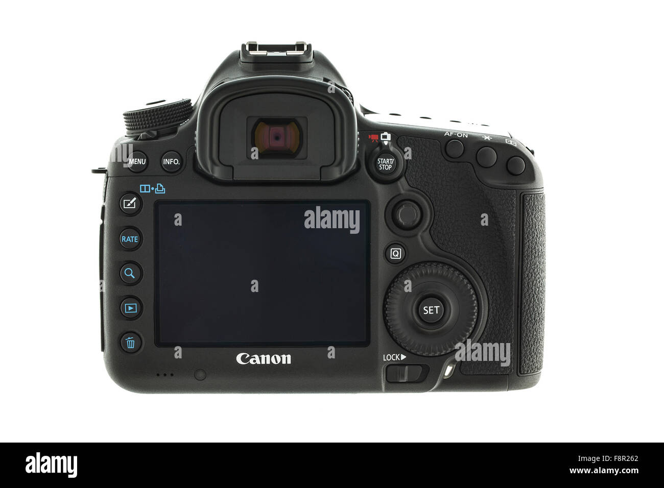 Rückansicht von einer Canon 5D Mark III DSLR-Kamera auf einem weißen Hintergrund Stockfoto