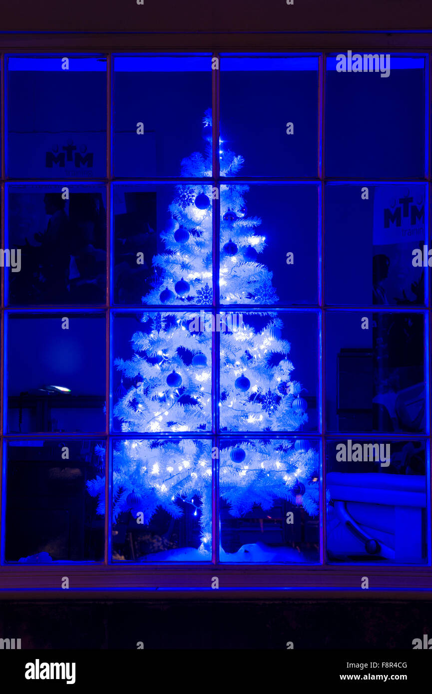 Blue Christmas Tree Schaufenster Display. Broadway, Cotswolds, Worcestershire, England Stockfoto