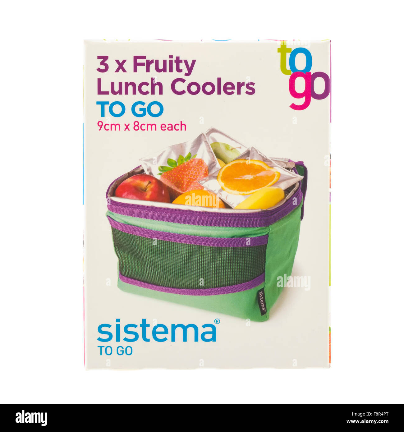 Packung mit drei Sistema, fruchtige Mittagessen Kühler auf einem weißen Hintergrund zu gehen Stockfoto