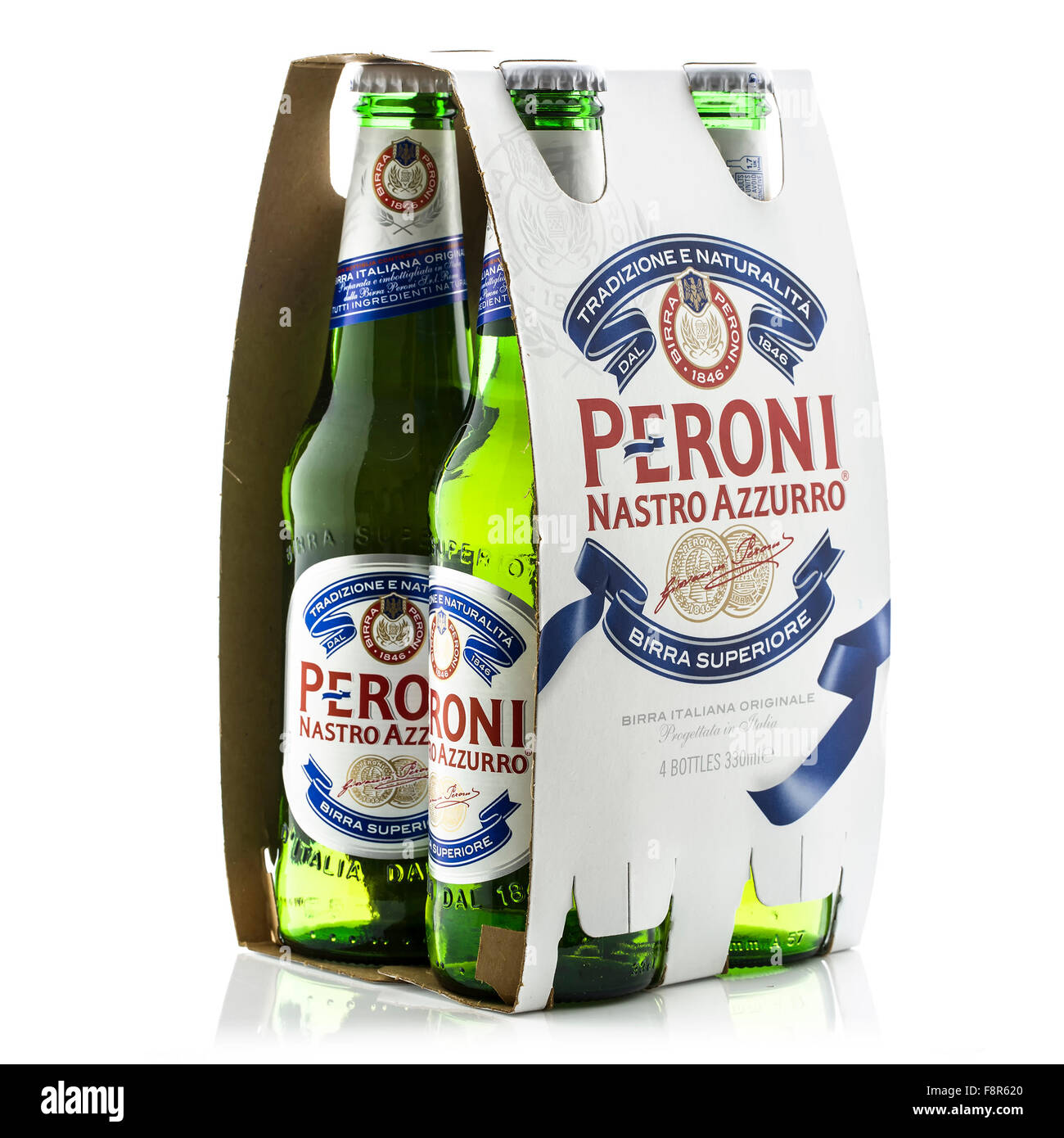 4er-Pack Peroni-Bier auf weißem Grund, Peroni Brauerei (Birra Peroni ...