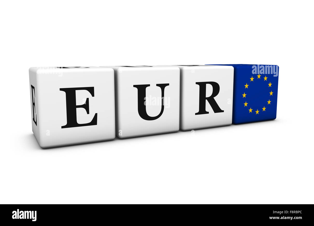 Wechselkurse, austauschen Börse und trading Finanzkonzept Eur Euro-Code-Zeichen mit EU-Flagge auf Würfel. Stockfoto