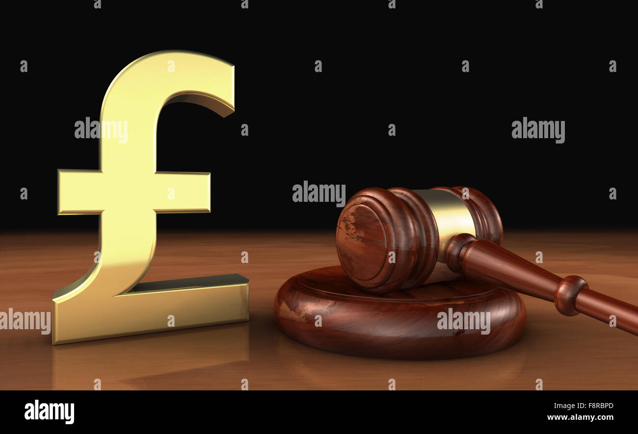 Recht, Rechtsanwalt und Geld mit UK Pfund Sterling Symbol und Symbol und ein Richterhammer auf einem hölzernen Desktop-Kosten der Justiz Konzept. Stockfoto